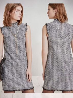 Eri & Ali Sleeveless Gray Tweed Shift Dress with Frayed Trim Sz SP